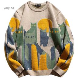 Men's Sweaters 2023 Autumn Knitted Sweater Men Women Winter Harajuku Cartoon Full Cat Print Pullover Vintage Causal Loose Sweaters StreetwearL231123