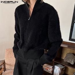 Men's Sweaters INCERUN Tops Autumn Winter Fashion Mens Plush Fabric Sweater Male Solid High Neck Zipper Cropped Long Sleeved Sweater S-5XL 231213