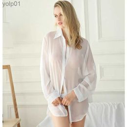 Women's Blouses Shirts Classical Sexy Lingerie Blouse Women Home Boyfriend Style White Button Shirt Transparent Nighty Spring Summer Chiffon Tops TeesL231214