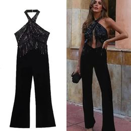 Women's Jumpsuits Rompers TRAF Women Sequined Tassel Halter Jumpsuit Black Sleeveless Backless Autumn Sexy Off Shoulder Party Fashion 231213