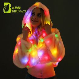 Women's Fur Faux Fur Christmas Multicolor Stage Clothes Hooded Women LED Luminous Faux Fur Coat Lady Bar dance Show Nightclub Clothes 231213