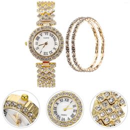 Wristwatches 2 Pcs Quartz Watch Bracelet Sterling Silver Bracelets For Women Shiny Lady Watches Fashion Girls Stainless Steel Woman