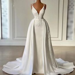 Elegant Wedding Dresses V Neck Mermaid Satin Bridal Gowns with Detachable Train Beaded Lace Arabic Dubai Vestidos De Noiva YD