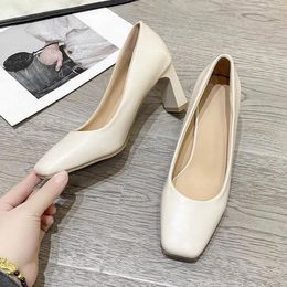 Dress Shoes Beige High Heels Chunky Sandals 2023 Comfortable High-Heeled Slip On Square Toe Footwear Pumps Sweet Shallow Mouth
