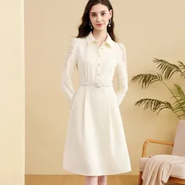 Casual Dresses Flower Embroidered Shirt Dress Women Spring Autumn Long Sleeve Fashion OL Office Ladies Business Work Knee-Length Midi