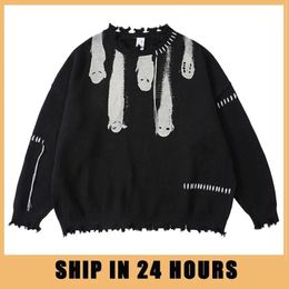 Men's Sweaters Hip Hop Knitted Sweaters Men Harajuku Vintage Hole Ghost Graphic Jumpers Streetwear Punk Casual Oversized O-Neck Pullover Unisex 231213
