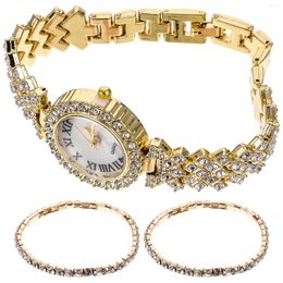 Wristwatches 2 Pcs Quartz Watch Bracelet Bling Lady Watches For Girls Sterling Silver Jewellery Shiny