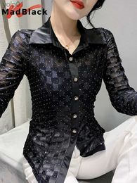 Women's Blouses Shirts MadBlack Spring Hot Drill Shirt Sexy Sheer Women Turn Down Collar Long Sles Button Black Tops Clubwear Shirts New T32521ZL231214