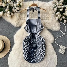 Casual Dresses Fashion Print Sexy Tight Hanging Neck Sleeveless Bra Wrap Hip Pleated Celebrity Dress