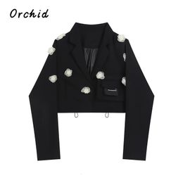 Womens Suits Blazers Korean Style Blazer Coat Fashion 3Dflowers Decorate Single Button Cropped Jacket Women Goth Punk Flap Pocket Outerwear 231213
