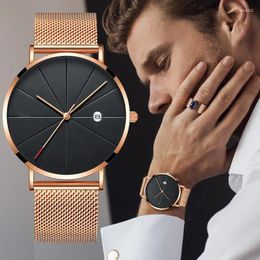 Wristwatches Complete Calendar Ultra Thin Men's Watch Stainless Steel Mesh Band Quartz Wrist Watches Men Clock Simple Design Fashion