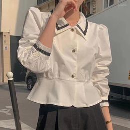 Women's Blouses Korean Style Slim Waist Shirts Women Autumn Puff Sleeve Turn Down Collar Sweet Elegant Fashion Casual Simple Chemise Femme