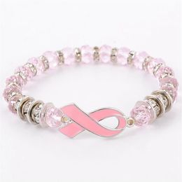 Breast Cancer Awareness Beads Bracelets Pink Ribbon Bracelet Glass Dome Cabochon Buttons Charms Jewelry Gifts For Girls Women321s