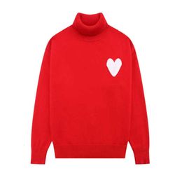 Amis Cardigan Sweater Paris Fashion Designer Amisknitted High Collar Embroidered Red Heart Solid Color Turtleneck Jumper for Men and Women Amisweater Mshf