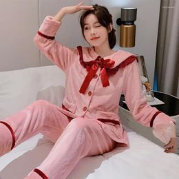 Women's Sleepwear Twinset Coral Fleece Pyjamas Suit Women Nightwear Sleep Set Autumn Winter Flannel Long Sleeve Pyjamas Home Clothes