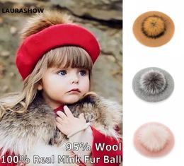 Laurashow Baby Beret Warm Wool Winter Beanie Hat With Real Fur Ball Pom Poms Girl Vintage Plain Kids Beret Hats Parentchild Cap L9192256