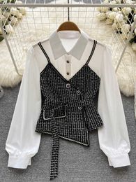 Women's Blouses Shirts Women Spring Autumn Shirts Houndstooth Stitching Long-sleeved Irregular Plaid Lace Beautiful Small Waist Top Patchwork D1863 YQ231214