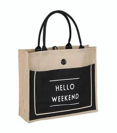 3 Color European Style Female Hello Weekend Jute Cotton Handbags Women Big Size Beach Bag For Girls Printing Shoulder Bags 2103264434668