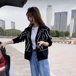 Women's Knits Tees Spring and Autumn Black and White Diamond Check Cardigan Loose Short Coat Vintage Sweater 231213