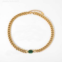 Hip hop women mens 18k stainless steel gold chunky cuban link curb chain tiger eye stone green malachite bead choker necklace