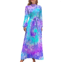 Casual Dresses Tie Dye Swirl Dress High Waist Blue Purple Graphic Boho Beach Long Sleeve Street Style Maxi Elegant Vestido