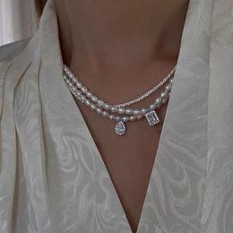 Korean Style Zircon Silver Colour Drop Pendant Geometric Natural Freshwater Pearl Clavicle Chain Necklace Women Necklaces2033