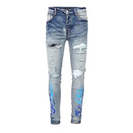 Mens Jeans Designer with Holes Tapered Blue Thigh Ripped Ankle Tattered Torn Pants Stretch Rugged Knee Cut Biker Silm Fit Skinny Long Straig