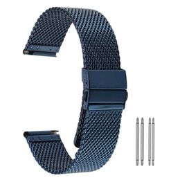 High Quality Yellow Gold Blue 18 20 22mm Mesh Stainless Steel Band Watch Strap Replacement Bracelet Straight Ends Hook Buckle254Z