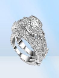 2 Pieces Ring Set 4Prong Settings 18k White Gold Filled Couple Rings Womens Mens Jewelry Wedding Bridal Accessories Size 67897045265