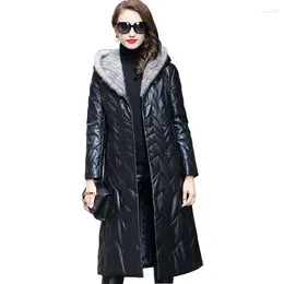 Women's Leather 2023 Genuine Jacket Real Sheepskin Coat Natural Knitted Hooded Long Down Jackets HQ18-CJX0095B