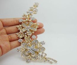 Whole New Elegant Luxury Rose Long Flower Leaf Gold Plate Art Nouveau Brooch Pin Clear Rhinestone Crystal1134329