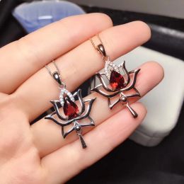 Classical style Silver Lotus Flower Pendant for Daily Wear Natural Garnet Silver Pendant Chinese Style 925 Silver Garnet Pendant