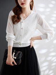 Women's Blouses Solid White Women Sweater V Neck Long Sleeve Pearl Buttons Cardigan Shirt Elegant Office Lady Luxury Outfits Mujer Clothes