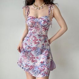 Casual Dresses Go Girl Fashion Style Snow Mountain Floral Print Dress Women's Shoulder Lace-up Waist-Controlled Sexy A- Line Skirt
