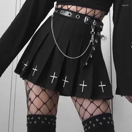 Skirts Black High Waist Mini Punk Pleated Vintage Gothic Streetwear Cross Print Lolita Harajuku Women Clothing