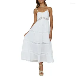 Casual Dresses Summer Women Sleeveless Spaghetti Strap Flowy Lace Hollowed Tie-up V Neck Backless High Waist Long Dress Party Beach