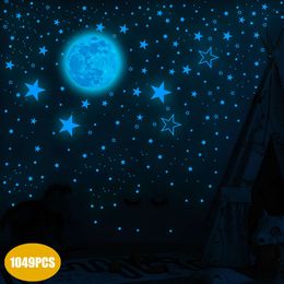 1049pcs Luminous Blue Moon and Stars Wall Stickers Fluoresce Light Kids Room Baby Room Wall Decals Home Decor Ceiling Stickers