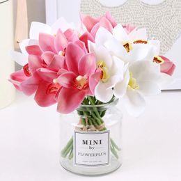 Decorative Flowers Artificial Simulation Bloom Cymbidium Party Decoration Office Home Lifelike Wedding 6pcs Bouquets