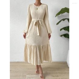 Casual Dresses Solid Color Round Neck Lantern Sleeve Big Swing Dress Y2K Pullover Maxi Women High Waist Ruffle Stripe Belt