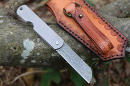 Top Quality M7691 Pocket Folding Knife 8Cr13Mov Damascus Steel Blade CNC Finish Titanium Alloy Handle Outdoor EDC Gear Fruit Knives with Leather Sheath
