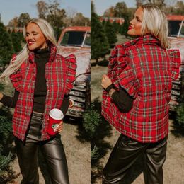 Women's Vests Winter Women Plaid Vest Coat Elegant Vintage Y2K Sleeveless Stand Collar Warm Thick Cotton Padded Jacket Outwear