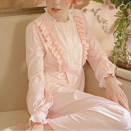 Women's Sleepwear Pink Princess Dress Long Sleeve Sleepshirts Vintage Cotton Ruffles Nightgowns.Victorian Nightdress Sleep Loungewear