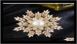 Fashion Women Big Pearl Flower Crystal Rhinestone Snowflake Brooch Pins Gold Silver Cor For Lady Gift Designer Jewelry 5Teat Srn4L8710947