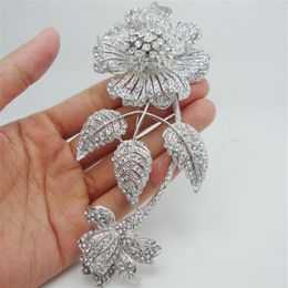 Whole - 5 98 Luxury Bride 3 Leaf Flower Bouquet Clear Rhinestone Crystal Brooch Pin Beautiful Bridesmaid Jewelry245m