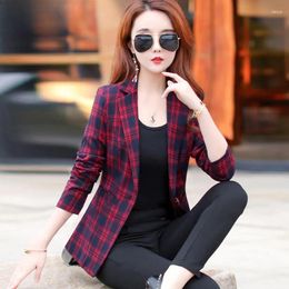 Women's Suits S-3XL Women Blazer Jacket Short Plaid Check Slim Spring Autumn Casual Office Work Plus Size Black Red Dark Blue