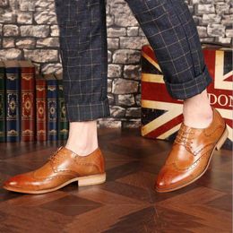 Dress Shoes Brand Brogue Brown Red Black Men Business Pointed Toe Wedding Leather Formal Casual Flats Hj87