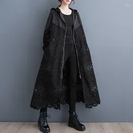 Women's Trench Coats #7075 Black Hooded Coat Women Zipper Loose Split Joint Hollow Out Long Ladies Vintage Outerwear Windbreaker Female