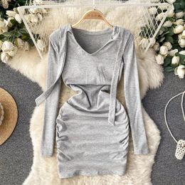 Casual Dresses Long Sleeve Hooded T-shirt Dress For Women Korean Fashion Solid Spring Autumn Stretch Slim Bodycon Mini Streetewear