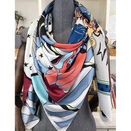 Scarves 130*130cm Luxury Brand Printed Cartoon Square Scarf Twill Silk Scarf Kerchief Scarves For Ladies Women Fashion Shawls Echarpe 231213