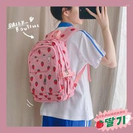 School Bags Japanese Harajuku Strawberry Print Kawaii Backpack Pink Cute Girl Middle Book Bag Sweet Lolita Multiple Pockets Mochilas